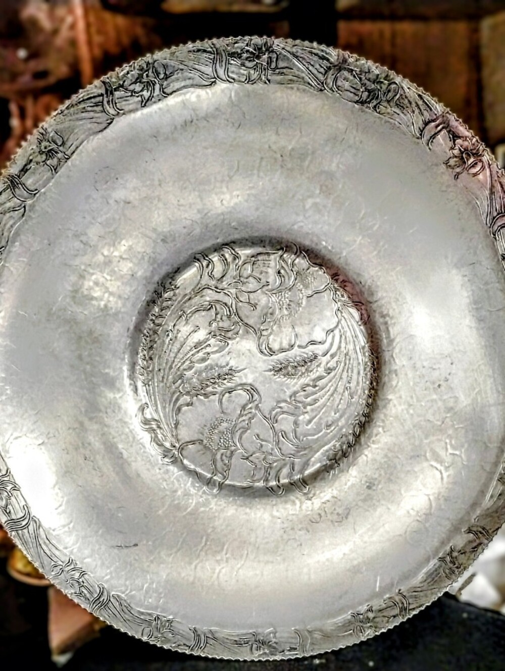 Vintage Hand Wrought Hammered Aluminum Round Dish Bowl Floral Poppies & Wheat
